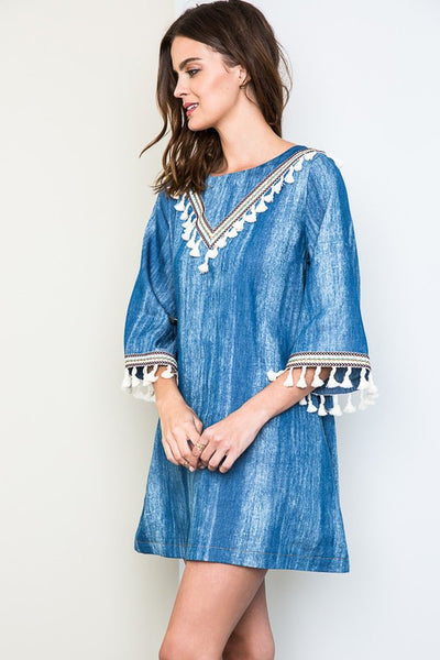 Embroidered flared sleeves deals tasseled mini dress
