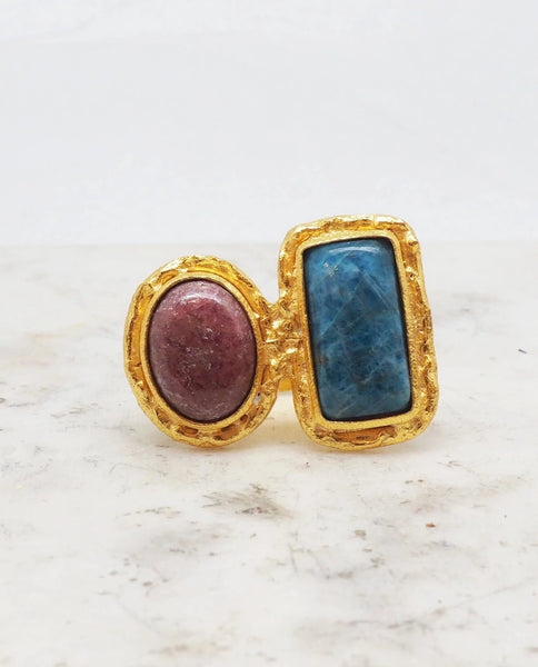 Apatite and Rhodonite Adjustable Gemstone Ring