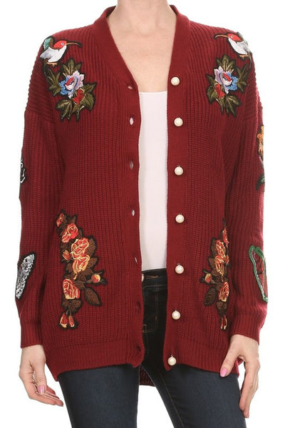 Wine Cardigan with Butterfly, Tiger, Floral Patches