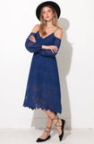 jovonna london open shoulder blue lace dress