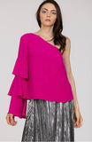 magenta one shoulder blouse with ruffle sleeve