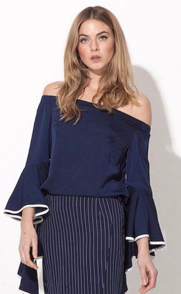 Off shoulder navy blouse with frilled sleeves