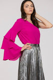 magenta one shoulder blouse with ruffle sleeve
